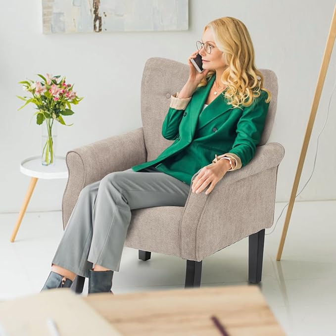 Athena Collection Mid Century Modern Chair for Living Room Upholstered Wingback Reading Chair for Adults Comfy Linen Fabric Armchair with Wooden Legs for Bedroom Dorm Balcony Beige