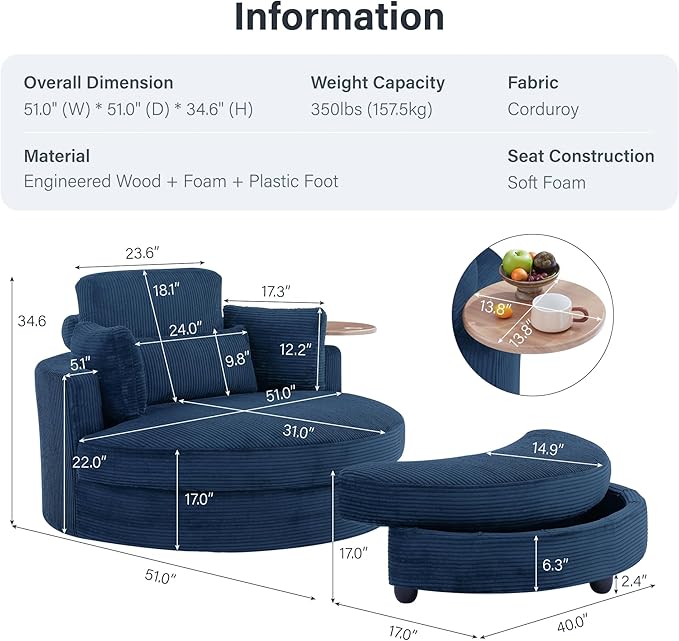 Yoglad 51” Swivel Barrel Chair with Storage Ottoman Corduroy Upholstered Accent Chair and A Half with Tray Table Oversized Chaise Lounge Round Sofa Chair for Living Room Bedroom(Blue)
