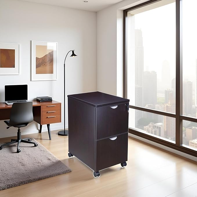 Mocha Mobile Pedestal Compact Storage Solution with Lockable Drawers Sleek File Cabinet Rolling Organizer for Home Desk Workstation Smooth Gliding Utility Drawer Office Supply Organizer