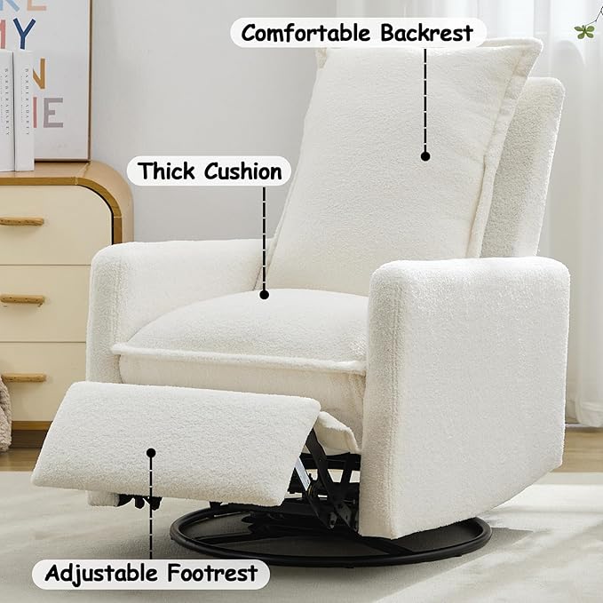Lazy Boy Glider Recliner Nursery Chair with Comfy Cushion Swivel Rocking Recliner for Small Spaces Boucle (White)
