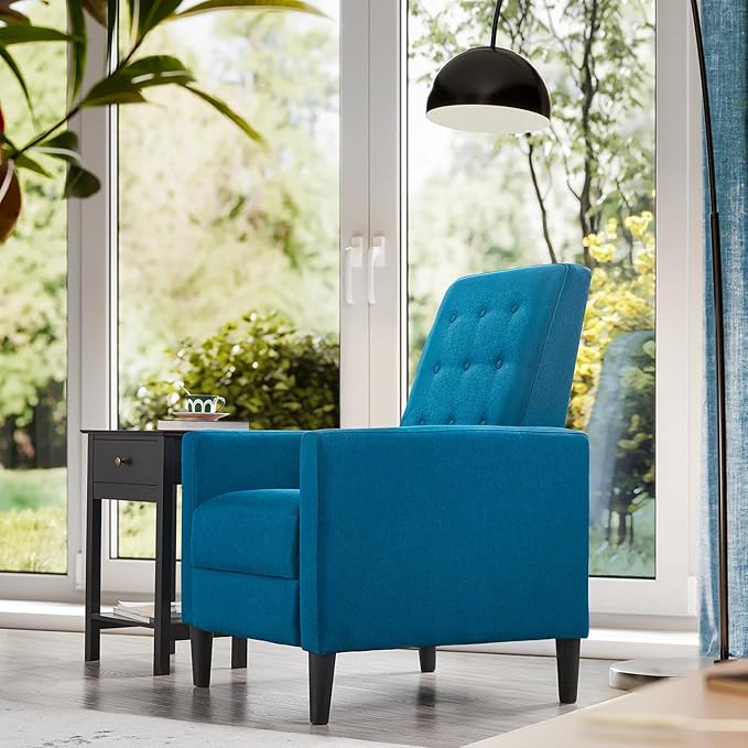 Topeakmart Mid-Century Modern Fabric Recliner Modern Tufted Reclining Single Sofa for Living Room Padded Cushion Home Theater Seat Blue