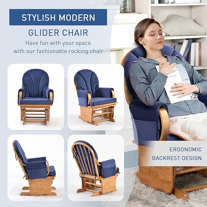 Solid Wood Glider Gentle Rocking Chair Stylish Modern Glider Rocker with Padded Cushion Smooth Rocking Motion Indoor Living Room ReadingWatchingSleeping Beech Color+Blue