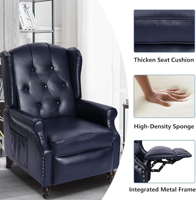 Wingback Recliner Chair with Massage and Heat Tufted PU Leather Push Back Recliner Chair for Living Room Leather Wing Back Chair with Remote Control Padded Cushion Backrest Wooden Legs
