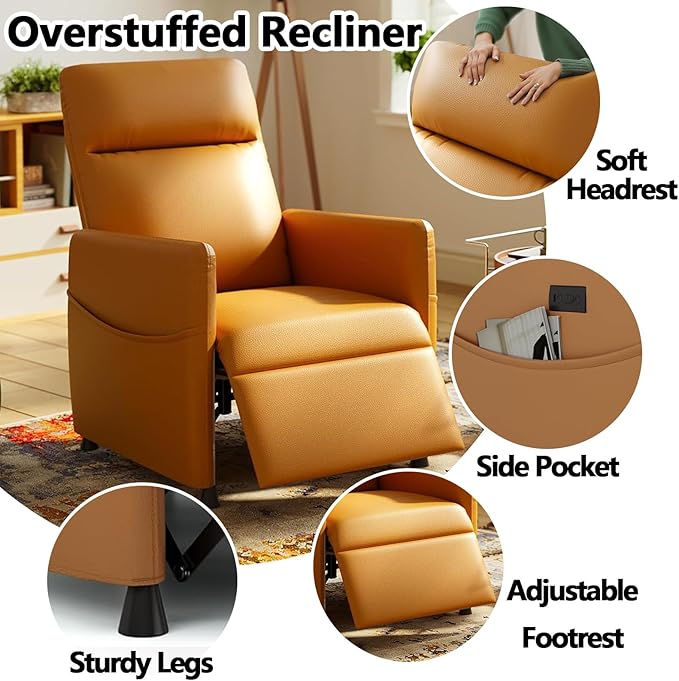 Black Power Recliner Chairs for Adults Lash Chair &amp Lay Flat Recliner for Small Spaces Living Room Bedroom Offices Theater Adjustable Footrest &amp Backrest/Side Pockets/USB (Brown)