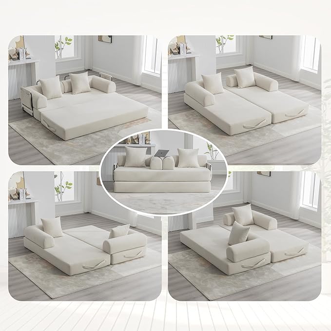 4‑in‑1 Convertible Sleeper Sofa Bed DIY Combination Floor Sofa Lounge Couch with Cylindrical Pillow Corduroy Futon Folding Mattress Couch for Apartment Bedroom Playroom Beige