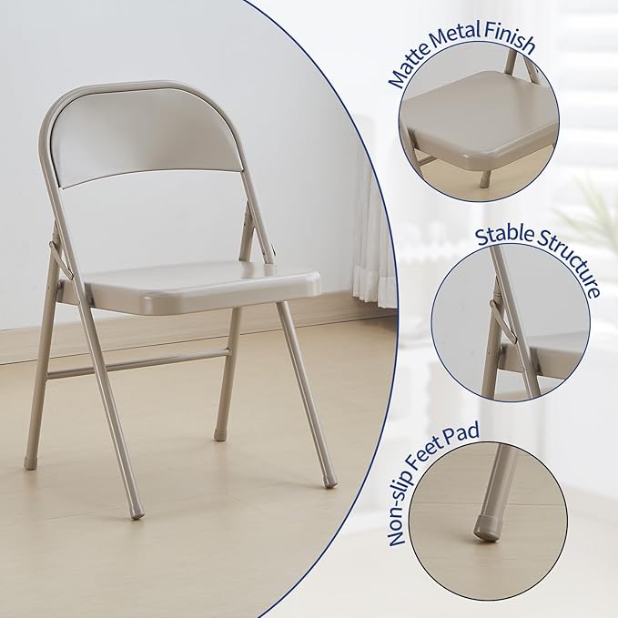 KAIHAOWIN Metal Folding Chair- Set of 4 All Steel Foldable Chairs Space Saving &ampHeavy Duty for Meeting Office Wedding Party Events-Beige