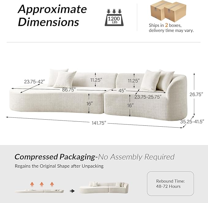 141.75 Modern Curved Compressed Sofa All-Foam Cloud Couches with 4 Pillows No Assembly Required Boneless Sectional Sofas Large Floor Couch for Living Room Ivory