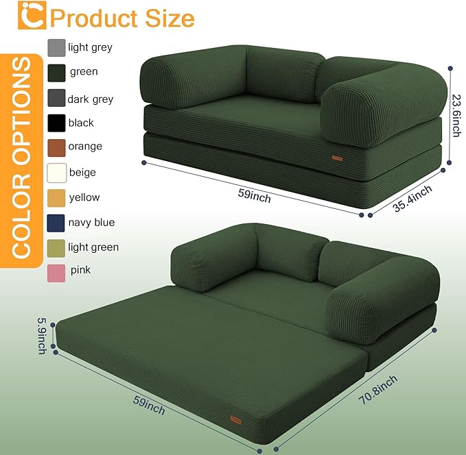 COMAX 4‑in‑1 Futon Sofa Bed Queen – Floor Foldable Convertible Sofa Couch with L‑Shaped Armrests Removable Cover Green Convertible Guest Bed | Space‑Saving Fold‑Out Mattress Lounge for Living Room