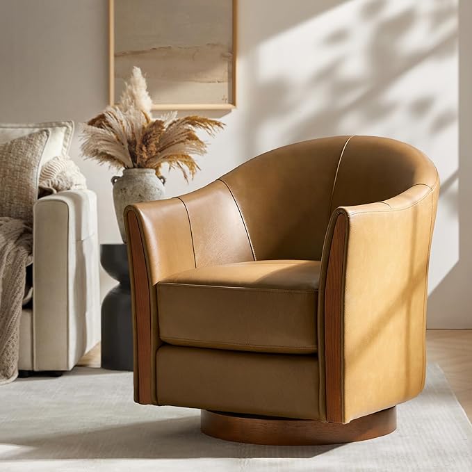 HULALA HOME Genuine Leather Swivel Accent Chair with Solid Wood Base Round Swivel Barrel Chair for Living Room and Bedroom Camel