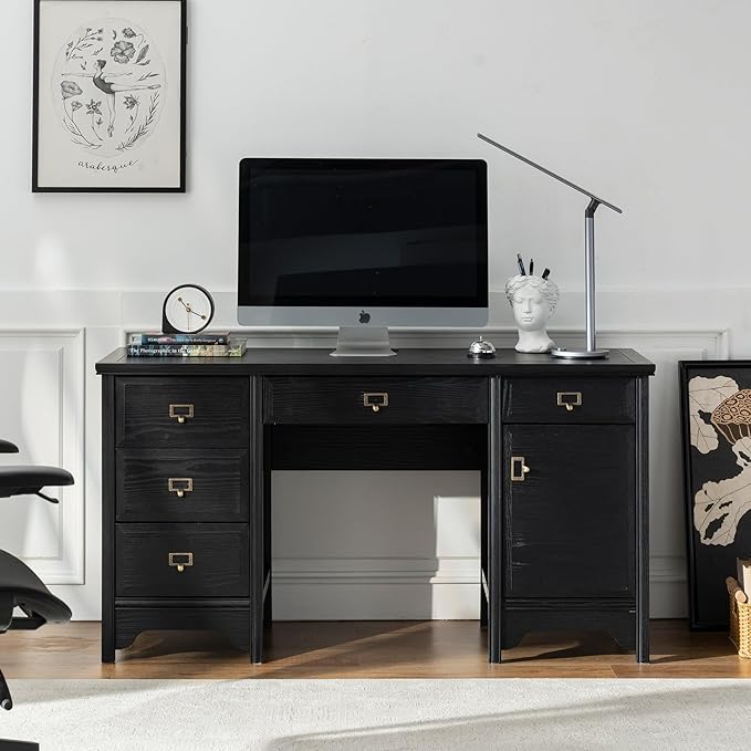 Chogori 55 Solid Wood Executive Desk Farmhouse Office Computer Desk with 5 Drawers &amp Storage Cabinet Wooden Writing Table for Home Office Study Bedroom Black