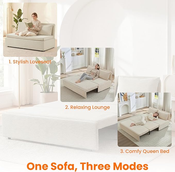 ijuicy 3 in 1 Pull Out Sofa Bed Queen Corduroy Sleeper Sofa with Pullout Bed Convertible Loveseat Couch Beds with Pillows and Tri-fold Mattress for Small Spaces Apartment-Beige