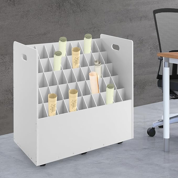 50-Slot Rolling File Organizer with Lockable Wheels - Movable Roll File Cart 66LB Capacity PVC Roll File Storage Holder for Blueprints Drawings &amp Photography Tubes -Easy Assembly 30x15.75x28.5'