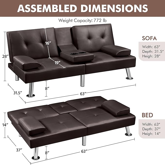 Yaheetech Convertible Sofa Adjustable Couch Sleeper Modern Faux Leather Home Reversible Loveseat Removable Armrests 3 Angles 772lb Capacity Espresso