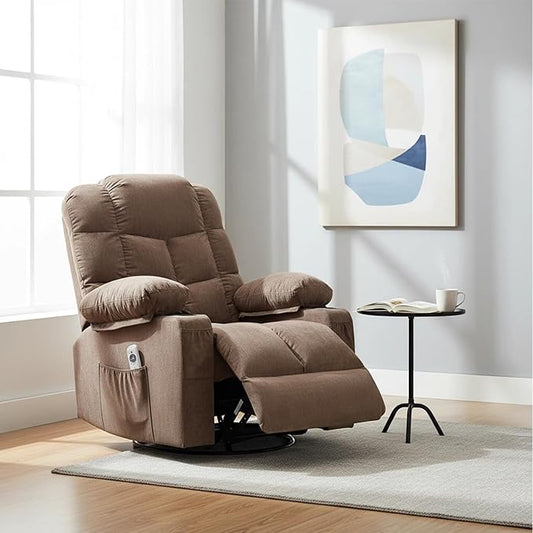 360° Swivel Recliner Chair with Lumbar Heating and Storage Side Pocket Oversized Adult Massage Rocking Chairs with USB &amp Cup Holders Ergonomic Single Sofa Chair for Living Room (Brown)