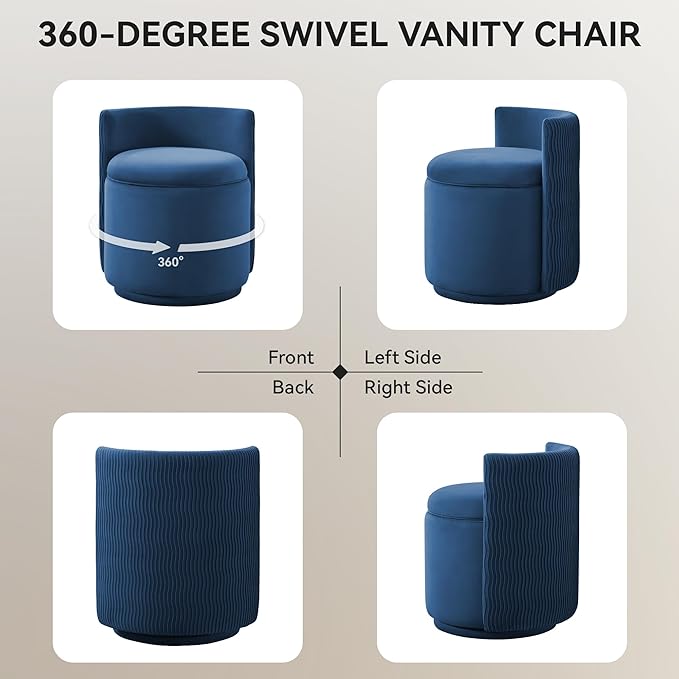 Velvet Vanity Chair with Storage 360° Swivel Makeup Chair with Wave Back No Assembly Small Accent Stool for Bedroom Dressing Living Room Blue