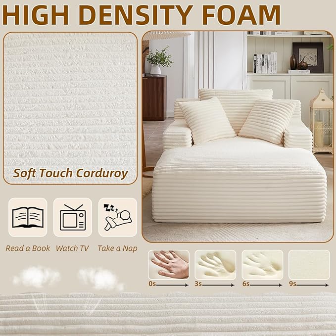 Oversized Chaise Lounge Chair Indoor Bedroom Comfy Corduroy Upholstered Sofa Bed Deep Seat Single Couch No Assembly Required Sleeper Chair Sofa for Living Room (White)