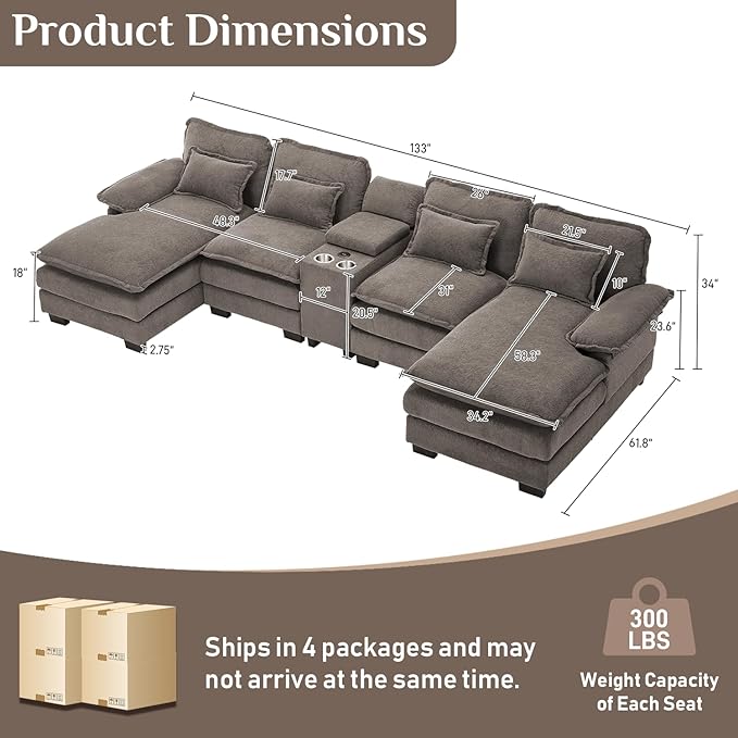 133 Oversized U Shaped Cloud Couch Modular Sectional Couches for Living Room Comfy Chenille Deep Seat Sofa Set with Double Chaise Lounge Storage Central Console Cup Holders USB Port Stone Grey