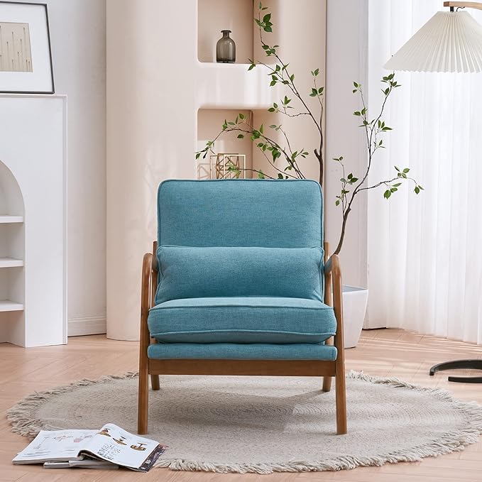 Accent Chair Upholstered Mid-Century Modern Chair with Lumbar Pillow&ampSoft CushionLounge Reading Armchair with Solid Wood Framefor Living Room Bedroom Balcony Teal