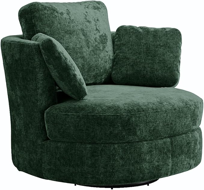 40.6''W Swivel Accent Barrel Chair Chenille Upholstered Round Single Couch Sofa with 3 Pillows for Living Room Apartment Bedroom (Green)