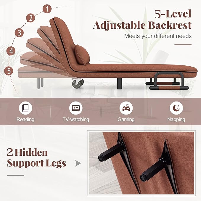 Giantex Convertible Sofa Bed 3-in-1 Folding Sleeper Chair with 5-Position Adjustable Backrest Wheels 2 Legs Recliner Chaise Lounge with Pillow Armchairs for Nursery Living Room Office (Brown)