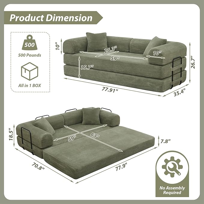 78 Convertible Sleeper Sofa Bed with Cylindrical Pillow Corduroy Folding Mattress Couch with Fixed Frame Floor Sofa Lounge Couch for Living Room Bedroom Apartment Light Green