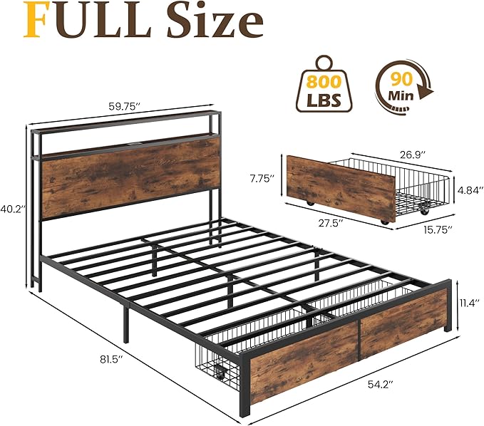 Lifezone Full Bed Frame with 2-Tier Storage Headboard Metal Bed Frame with Storage Drawers &amp Built-in Charging Station &amp LED Noise-Free No Box Spring Needed Easy Assembly Retro Brown