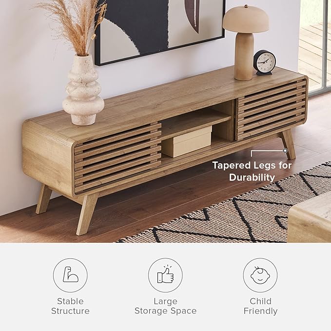mopio Ensley 59 TV Stand with Slatted Door Mid Century Modern Entertainment Center for 55/60/65 inch TV Farmhouse Media Console with Storage Adjustable Shelves Round Edges Living Room (Oak)