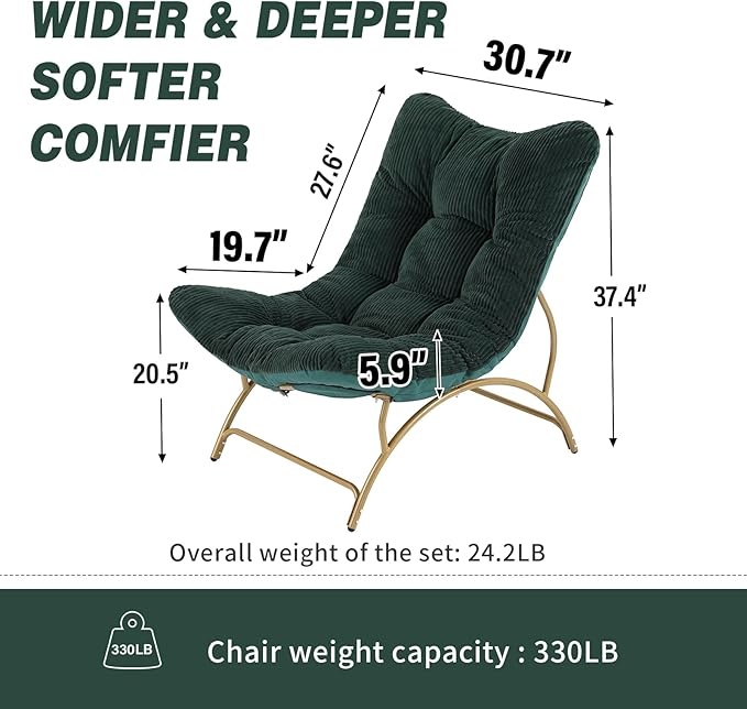 Welnow Accent Lounge Lazy Chair Comfy Soft Leisure Metal Frame Reading Chair Upholstered Thick Cushion Seated Recliner Sofa for Living Room Bedroom Dorm Dark Green