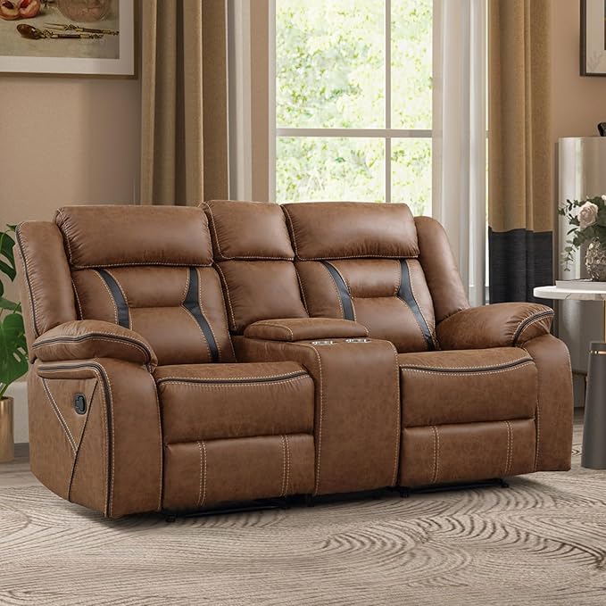EBELLO Faux Leather Manual Loveseat Recliner 2 Seat Reclining Sofa Chair with Center Console Hidden Storage and Cup Holders Daul Recliner for Living Room Meeting Room Brown (Loveseat)