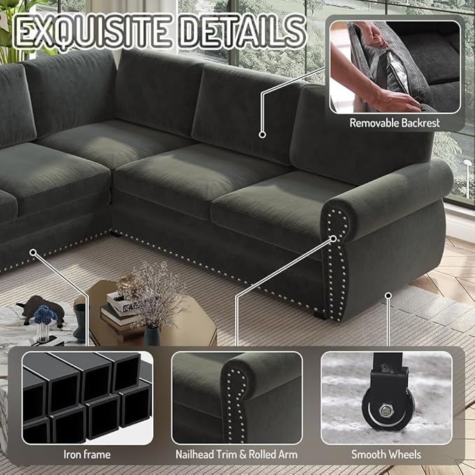 118 Sleeper Sofa Bed Sectional Couches for Living Room/Apartment Chenille L Shaped Couch with Pull Out Couch Bed Convertible Sectional Sofa with Rolled Arm &amp Nailhead Trim Dark Grey