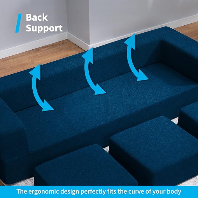 Mjkone Queen Convertible Velvet Futon Sofa Bed with 3 Ottomans Memory Foam Fold Out Couch Bed Foldable Floor Sofa Guest Sleeper for Living Room Blue