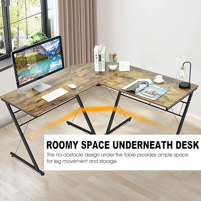 GRAFFY L-Shaped Computer DeskGaming Corner Desk Writing Workstation with Large Monitor Stand Study Desk with Round Corner Multifunctional Home Office Desk (Brown)