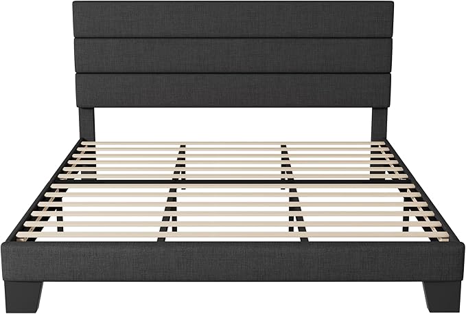 Allewie King Bed Frame Platform Bed with Fabric Upholstered Headboard and Wooden Slats Support Fully Upholstered Mattress Foundation/No Box Spring Needed/Easy Assembly Dark Grey