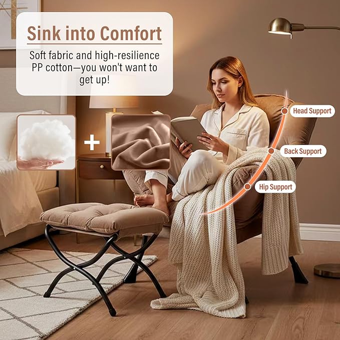 Lazy Chair with Ottoman Modern Accent Chair with Armrests and a Side Pocket Velvet Khaki Accent Chairs Reading Chairs Oversized Armchairs for Bedroom Study Living Room Courtyard