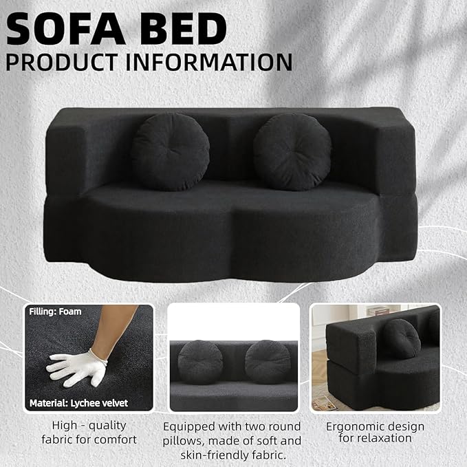 76 Convertible Folding Sofa Bed 2-in-1 Twin Size Loveseat Sleeper Couch Bed with Two Pillows Foldable Space-Saving | Design for Dorms Apartments BedroomNo Assemble(Black)