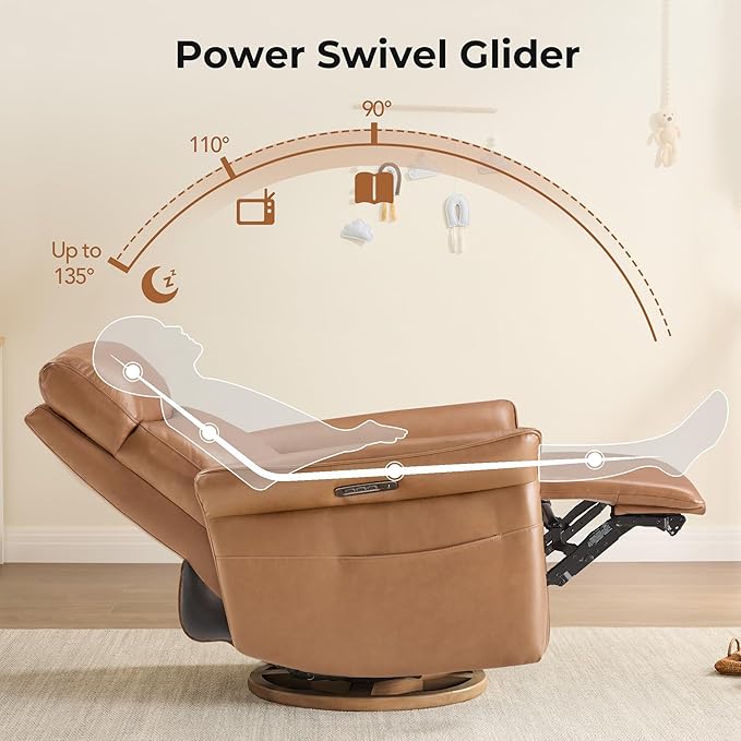 CHITA Genuine Leather Power Recliner Chair Electric Triple-Motor Swivel Glider Nursery Rocking Chair with Adjustable Power Headrest and Lumbar Support GREENGARD Gold Certified Saddle Brown