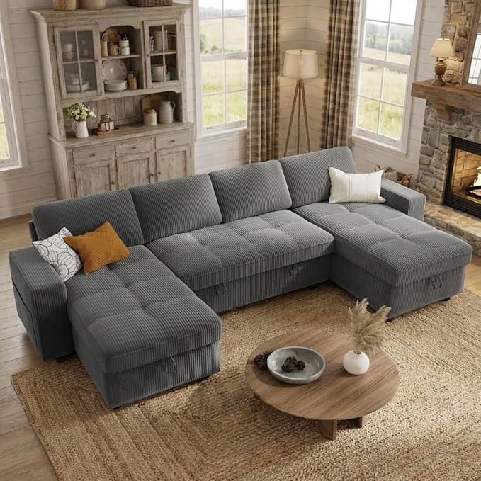 WEUP 105 Sectional Sofa with Pull Out Bed U Shaped 4 Seat Sleeper Sofa with 2 Storage Adjustable Backrest USB Ports Tool-Free Assembly Plush Corduroy Sectional Couches for Living Room Dark Grey