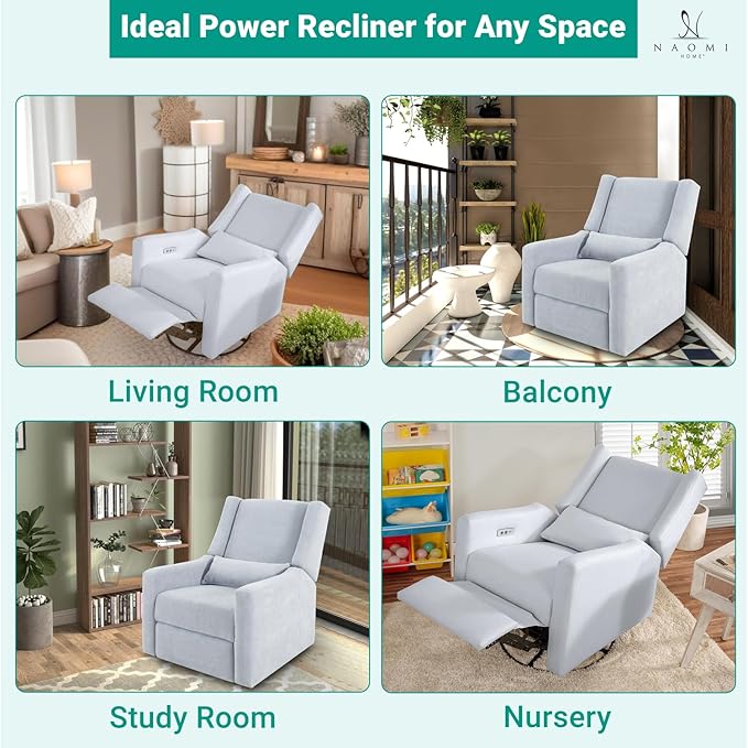 Naomi Home Tanya Luxury Motion Recliner Chair Light Gray – Plush Upholstered Glider Rocker with USB Charging Swivel and Lumbar Support for Nursery Comfort 275 lbs Capacity