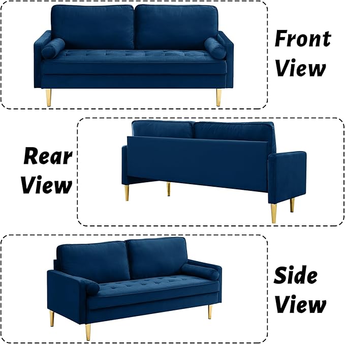 65 Inch Green Velvet Couch Small Loveseat Sofa &amp Office Sofa for Small Space Couch for Bedroom Livingroom 2 Pillows Gold Legs Tufted Seat (Navy)