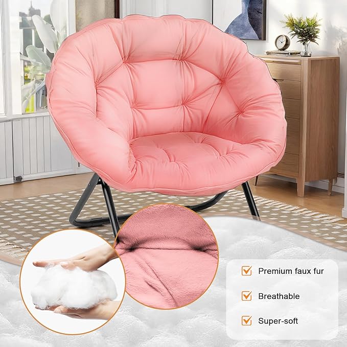 Folding Saucer Chairs for Living Room Circle Chairs with Faux Fur Moon Saucer Chairs for Adults Dorm Reading (Pink)