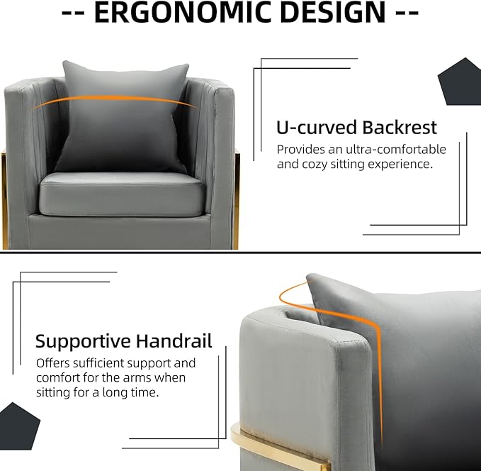 X-VOLSPORT Velvet Accent Barrel Chairs Set of 2 Modern Arm Club Chair Set with Pillow for Living Room/Bedroom/Guest Reception Channel Tufted Gold Finish Base Grey