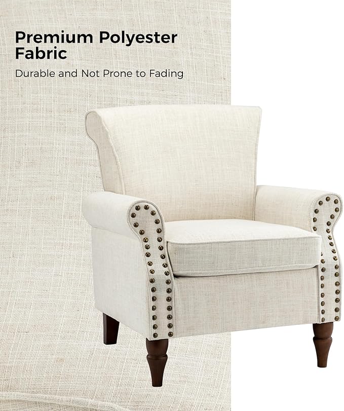 HULALA HOME Accent Chair with Wood Legs &amp Removable Cushion Modern Wingback Armchair with Nailhead Trim Comfy Upholstered Lounge Chair Single Sofa Chairs for Living Room Bedroom Ivory