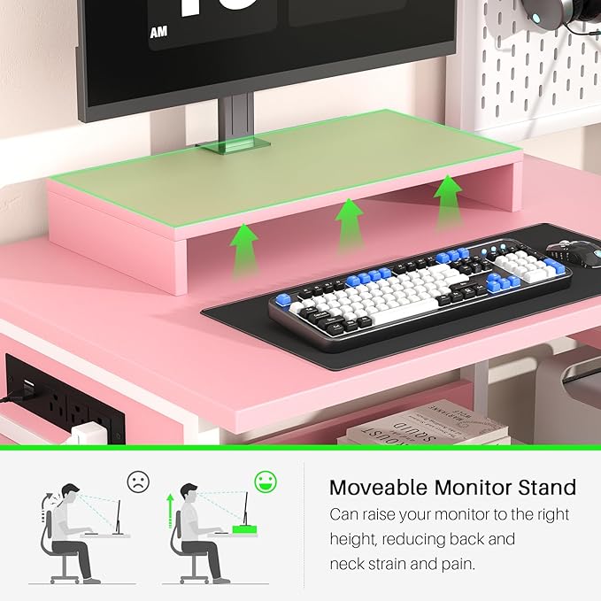 Small Gaming Desk with 2 Fabric Drawers - Reversible Computer Desk with Power Outlet &amp LED Lights 49 Office Desk with Monitor Stand &amp Storage Shelves Writing Study Table with Pegboard Pink