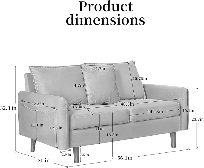 56.1 Round Arm Velvet Loveseat with Side Pockets and a Square Pillow (Beige) | Side Storage Pockets Pillow Included