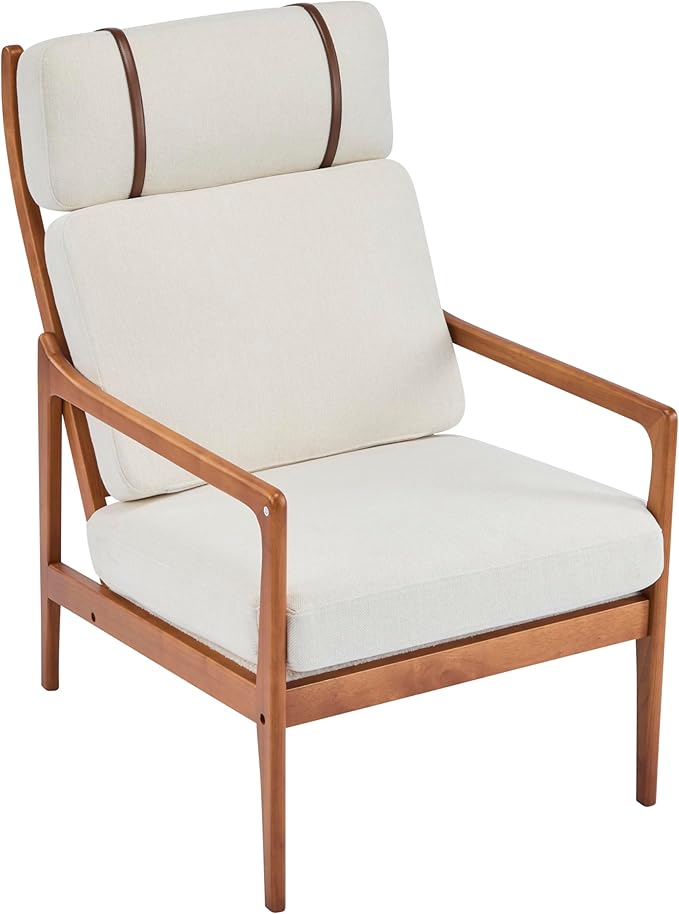 Merax Mid Century Modern Accent Chair High Back Armchair with Beige Upholstered Cushions and Solid Wood Frame Ergonomic Lounge Chair for Living Room/Bedroom/Reading Nook