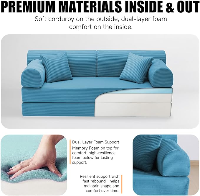 78.8 Boneless Memory Foam Couch Corduroy Convertible Floor Sofa Bed Fold-Out Sleeper Futon Loveseat Wide Armrests &amp Supportive Back 1200 lb Couch in a Box 2 Pillows Light Blue