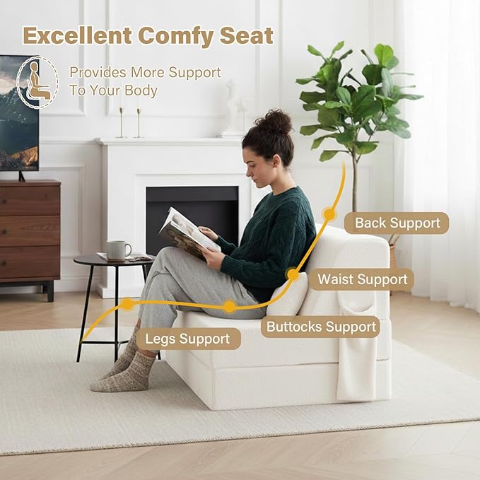 Tiita Convertible Folding Sofa Bed Single Size for Adults with Pillow Plush Fabric Floor Mattress Couch Bed Washable Cover &amp Side Pocket Guest Room Dorm Apartment Living Room Beige