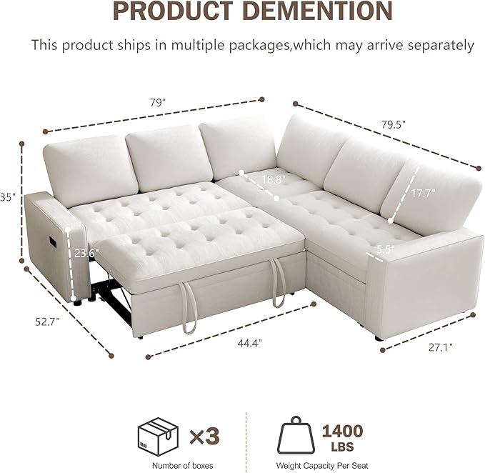 Vipbear 85 Inch Modular Sectional Sofa with Pull Out Bed Chenille L Shaped Sectional Sofa with USB Ports/Reclining Backrest/Storage Seats Tool-Free Assembly Sofa Couch for Living Room Begie