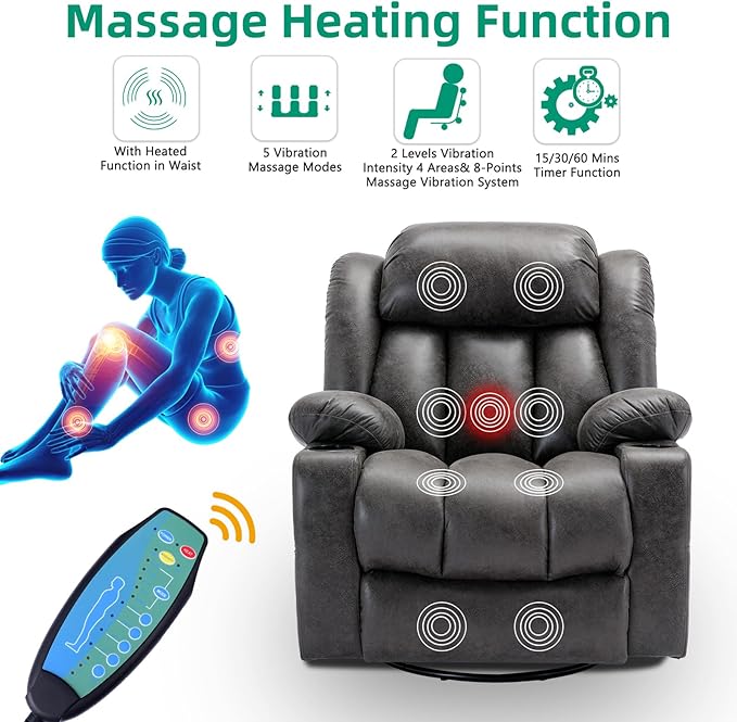 VIVIJASON Swivel Rocker Recliner Chair with Heat &amp Vibration Manual 360° Swivel Glider Overstuffed Reclining Chair with 2 Cup Holders Side Pockets &amp USB Ports for Living Room Gray
