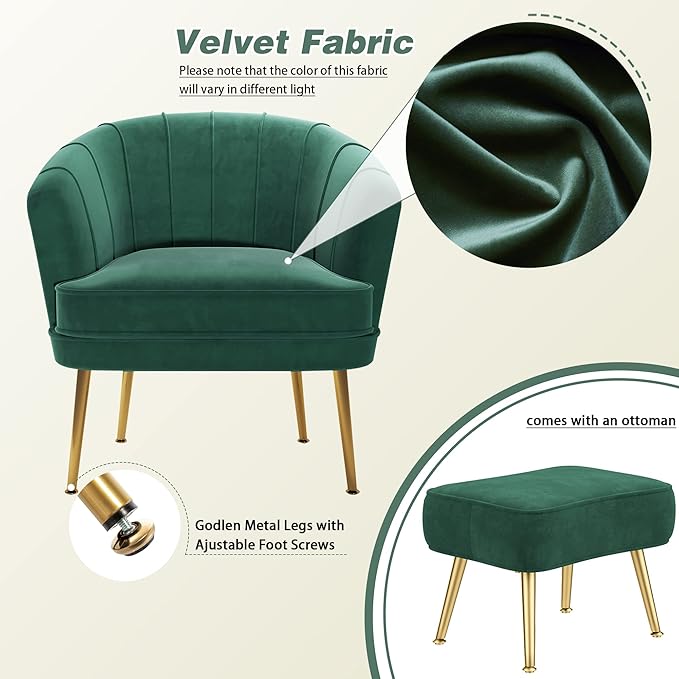 Andeworld Velvet Accent Chair with Ottoman Upholstered Modern Single Sofa Side ChairComfy Barrel Club Living Room Armchair with Golden Metal Legs for Bedroom Living Reading Room Office Green